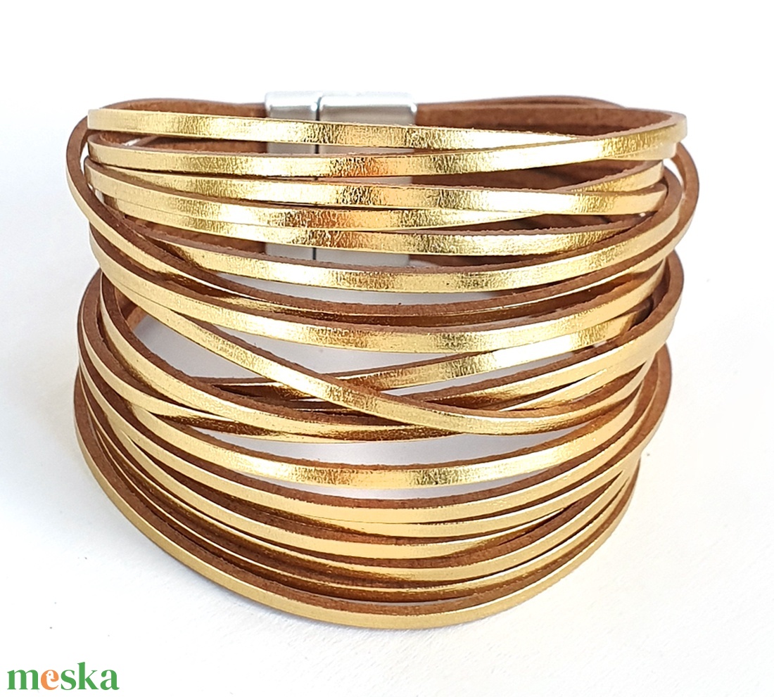 Metál gold többszálas női bőr karkötő - ékszer - karkötő - széles karkötő - Meska.hu