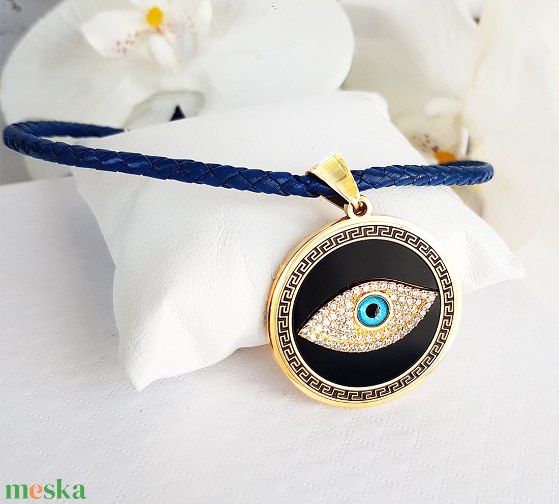 Kék gonosz szem női védő bőr nyaklánc amulett - ékszer - nyaklánc - medálos nyaklánc - Meska.hu