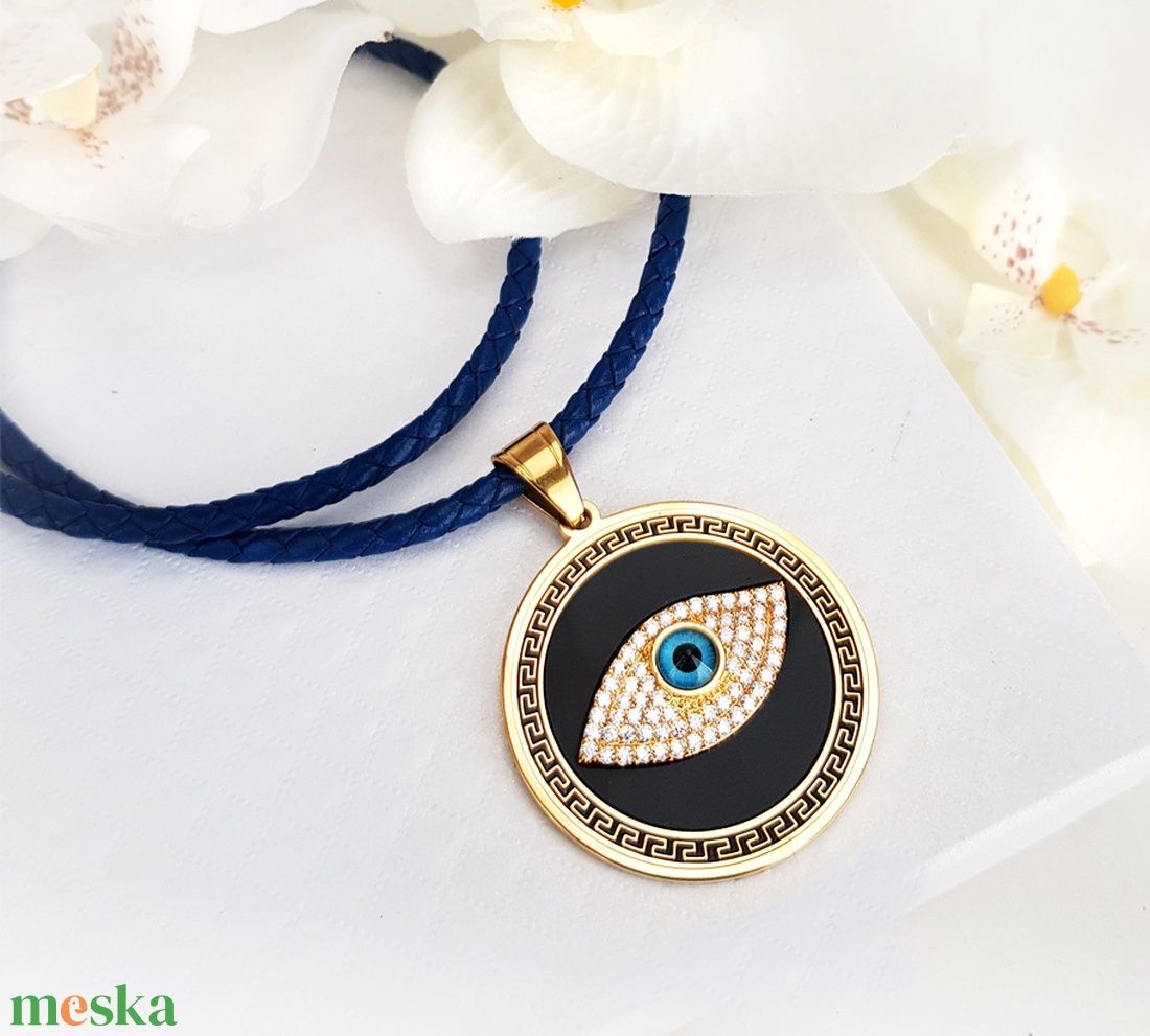 Kék gonosz szem női védő bőr nyaklánc amulett - ékszer - nyaklánc - medálos nyaklánc - Meska.hu