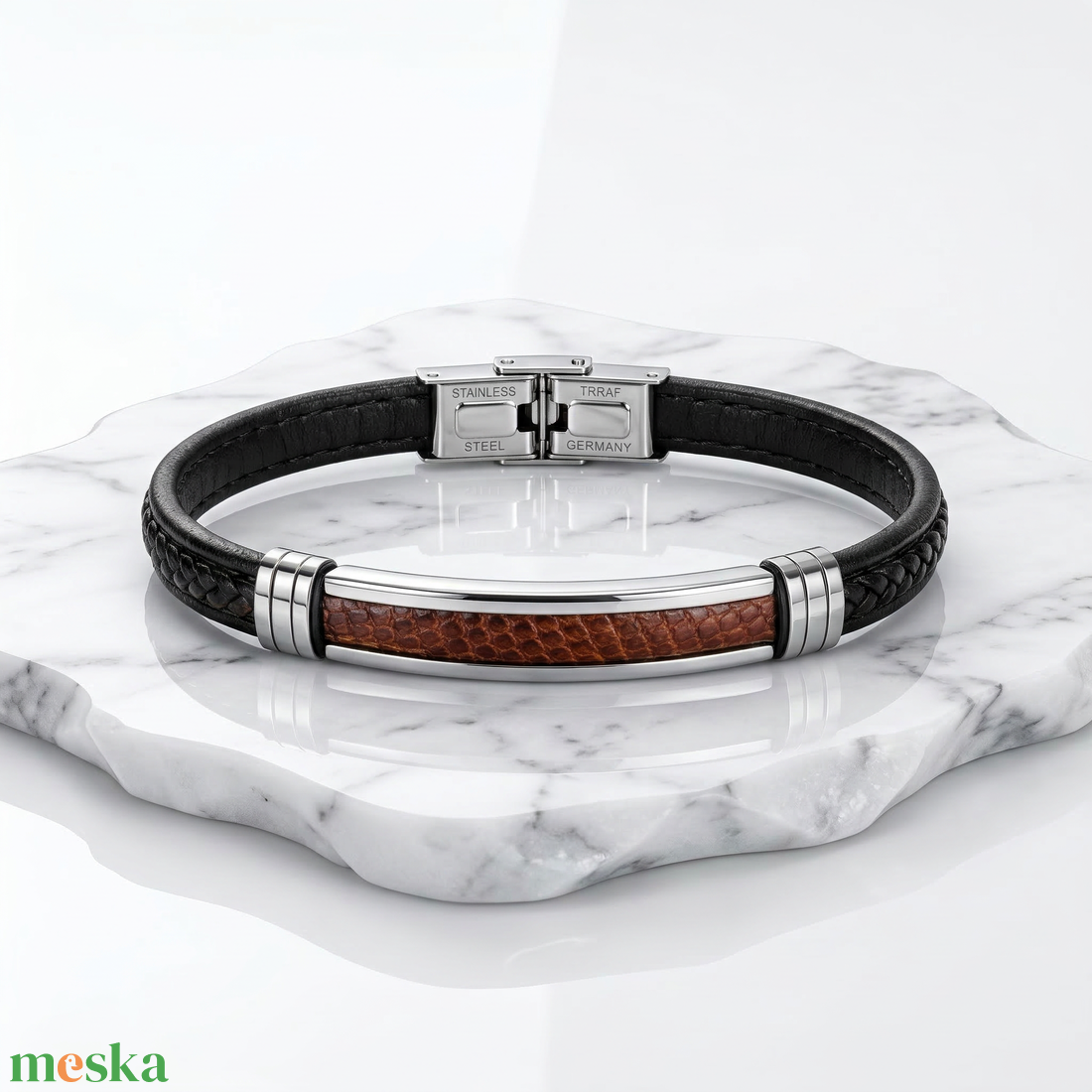 Prime Native � Marhabőr betétes acél karkötő - ékszer - karkötő - fonott karkötő - Meska.hu