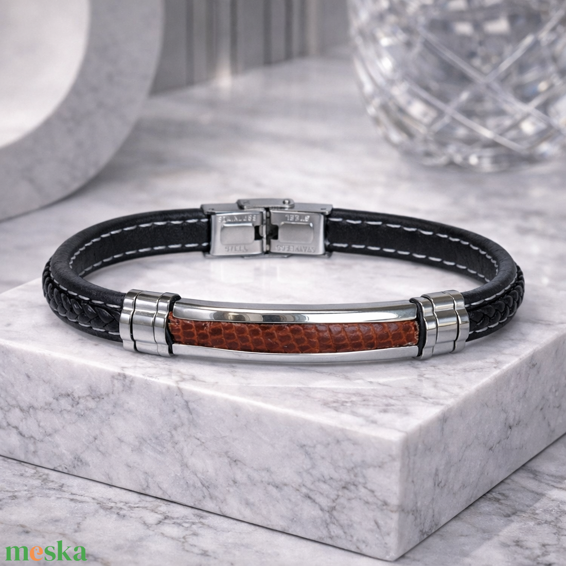 Prime Native � Marhabőr betétes acél karkötő - ékszer - karkötő - fonott karkötő - Meska.hu
