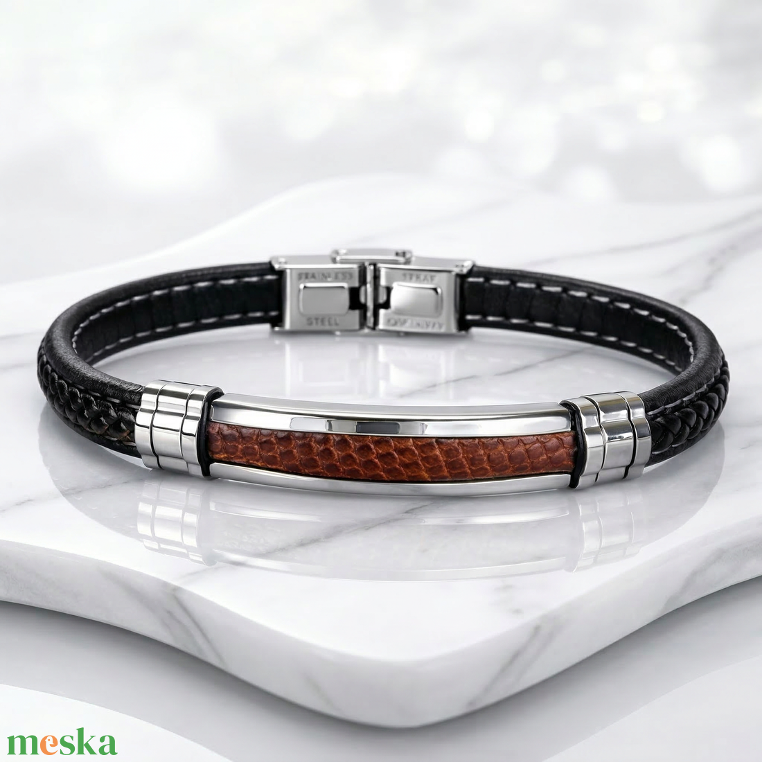 Prime Native � Marhabőr betétes acél karkötő - ékszer - karkötő - fonott karkötő - Meska.hu