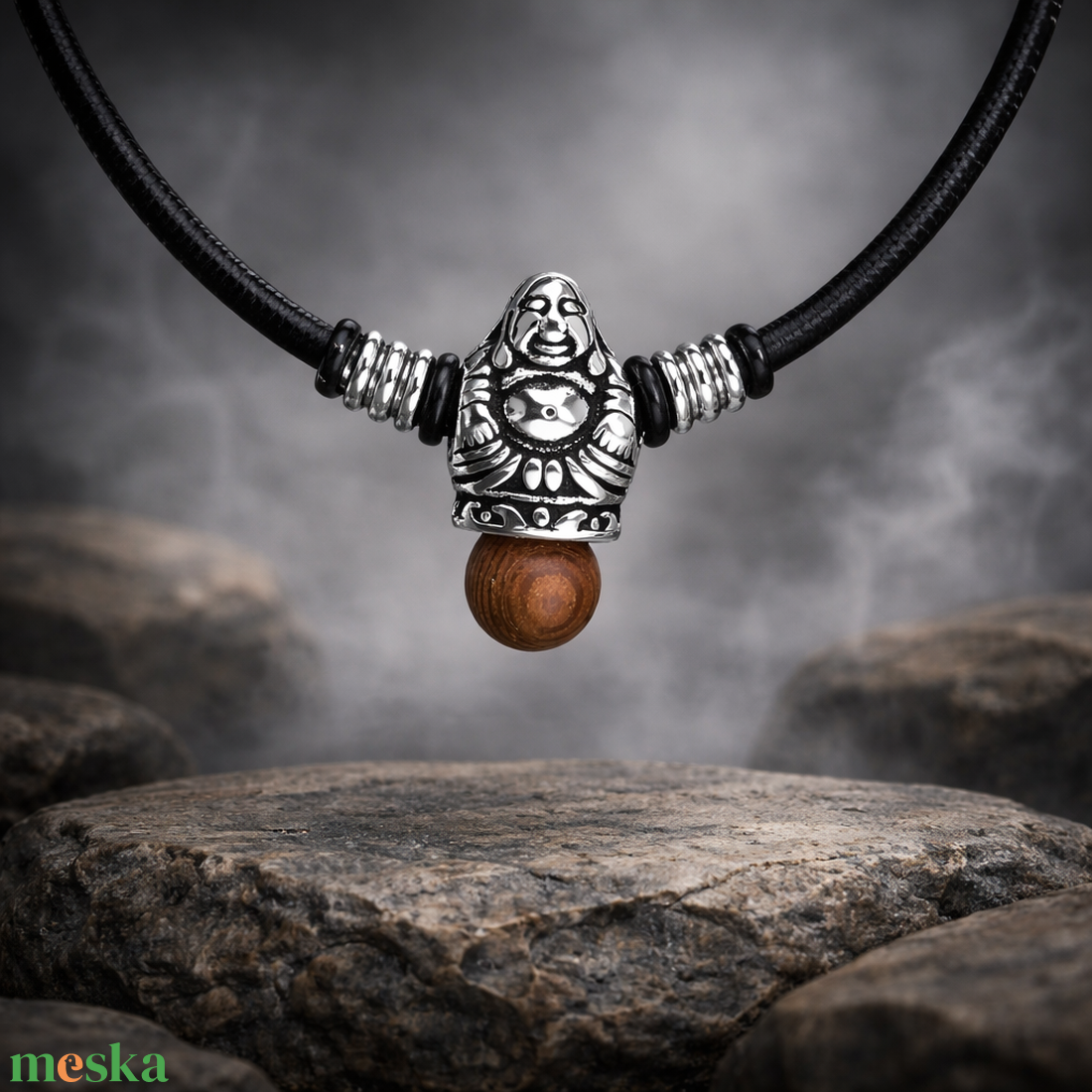 Hotei bölcsessége � Buddha bőr karkötő rózsafa gyönggyel - ékszer - nyaklánc - medálos nyaklánc - Meska.hu