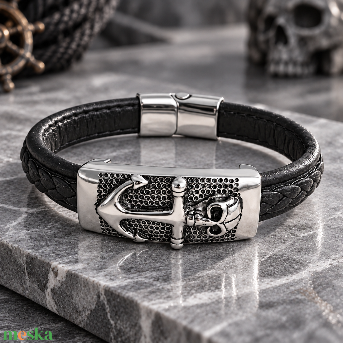 Horgony és Skull � Férfi bőr karkötő nemesacél díszítéssel - ékszer - karkötő - fonott karkötő - Meska.hu