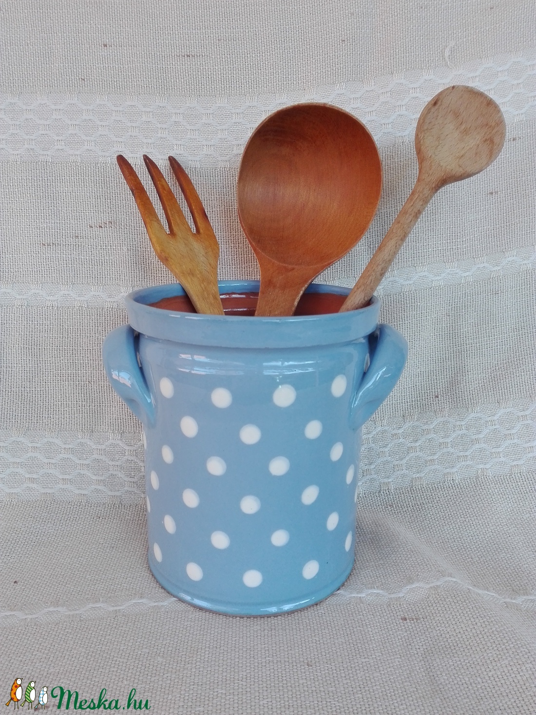 Fakanáltartó kék fehér pöttyes - otthon & életmód - konyhafelszerelés, tálalás - sütés, főzés - fakanál & fakanáltartó - Meska.hu