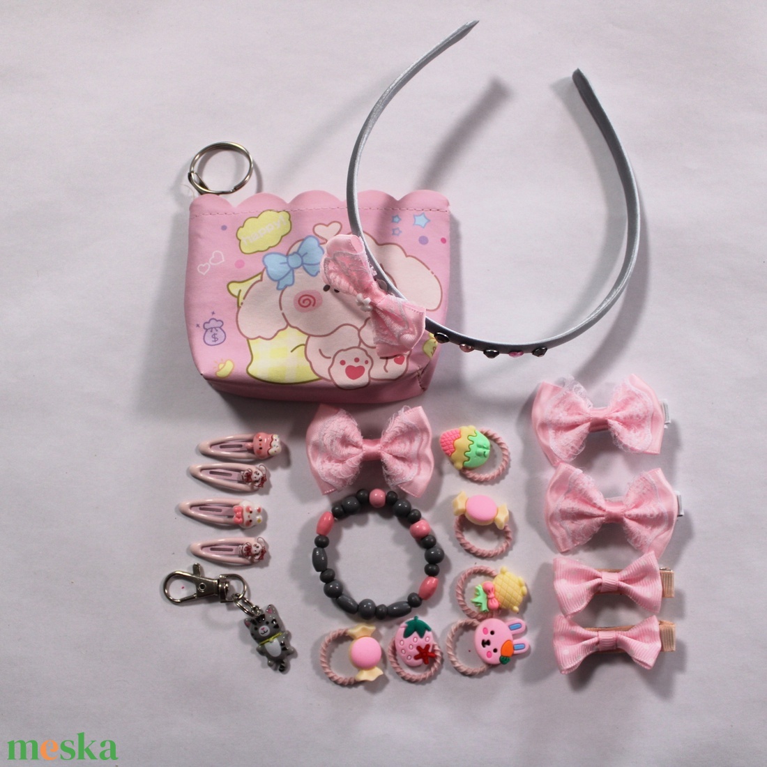 Szürke-Rózsaszín kislány hajbavaló ajándékszett - ruha & divat - hajdísz & hajcsat - hajráf & hajpánt - Meska.hu