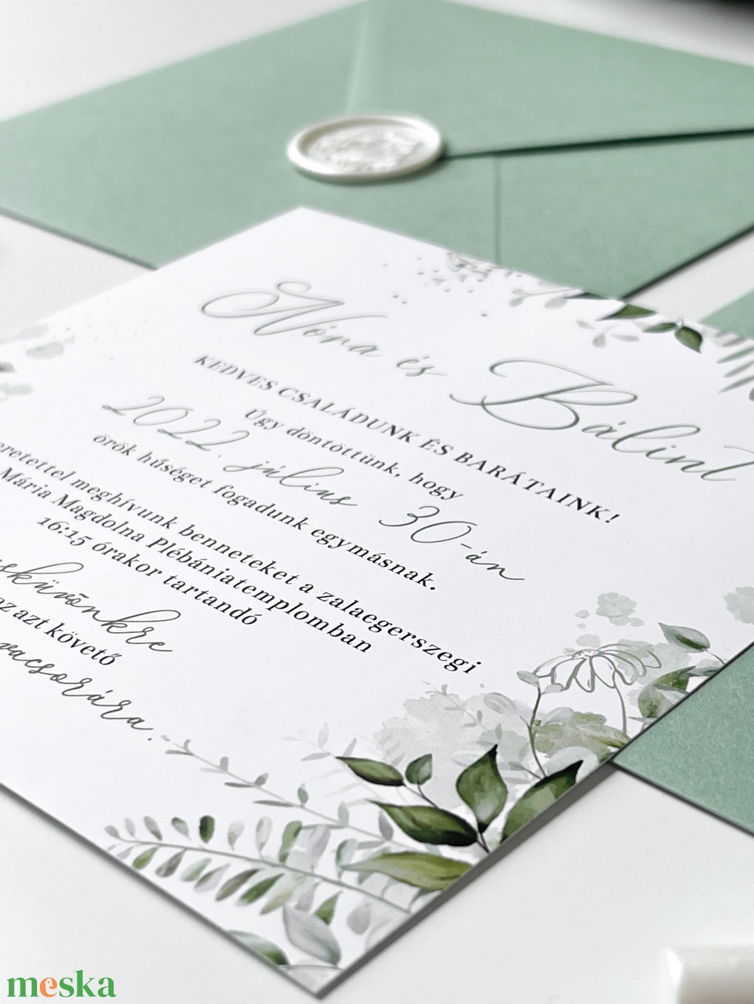 Minimal, greenery esküvői meghívó borítékkal, viaszpecséttel - esküvő - meghívó & kártya - meghívó - Meska.hu
