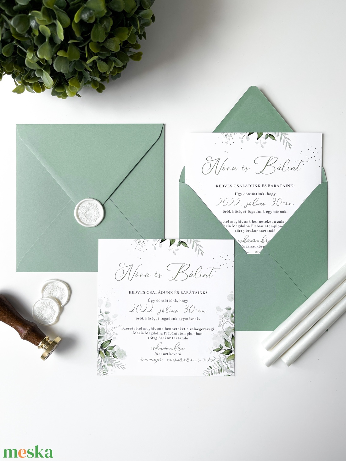 Minimal, greenery esküvői meghívó borítékkal, viaszpecséttel - esküvő - meghívó & kártya - meghívó - Meska.hu