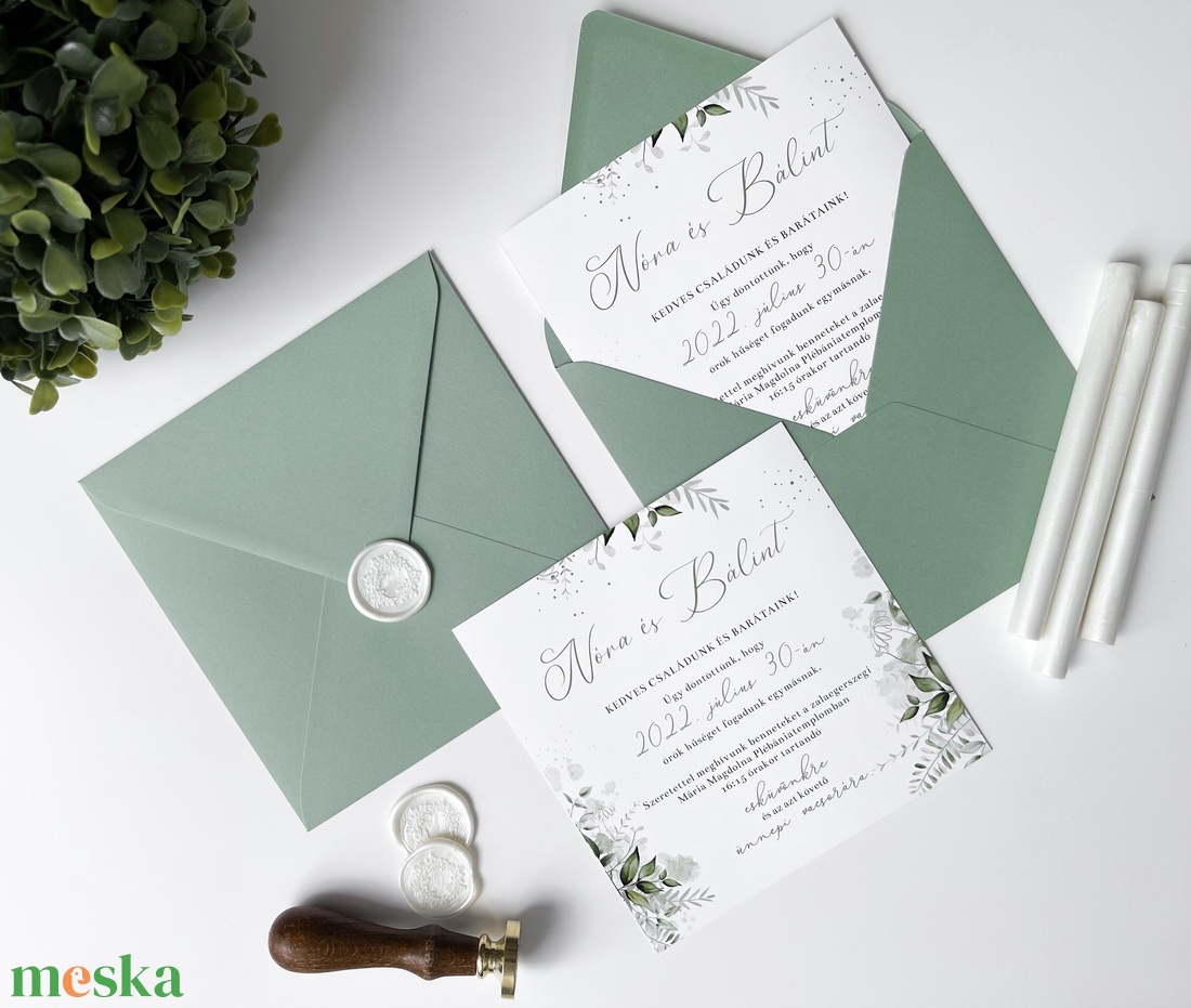 Minimal, greenery esküvői meghívó borítékkal, viaszpecséttel - esküvő - meghívó & kártya - meghívó - Meska.hu