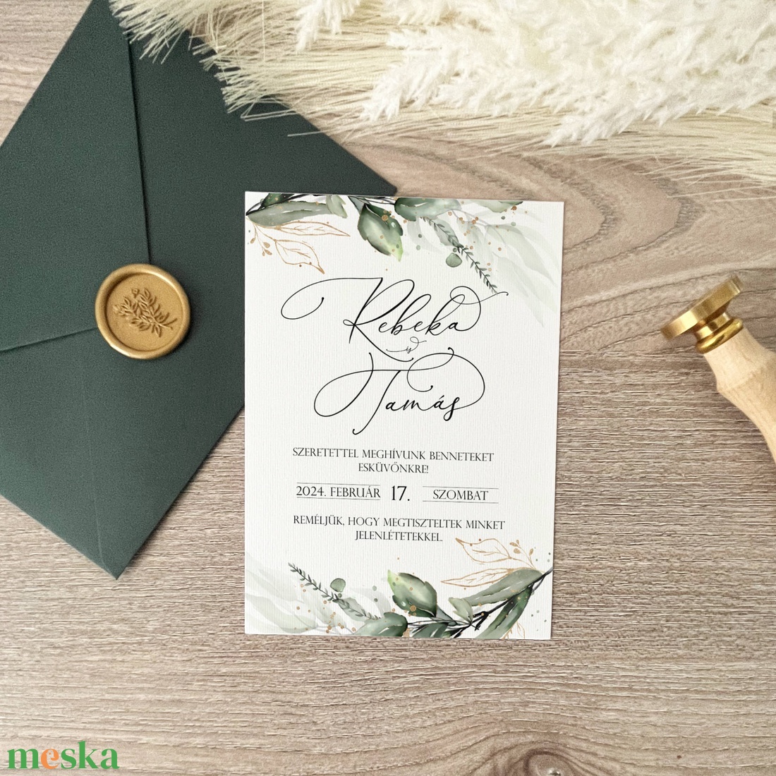 Greenery esküvői meghívó, elegáns, minimalista esküvői meghívó - esküvő - meghívó & kártya - meghívó - Meska.hu