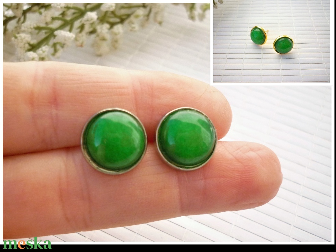 Zöld jade - 12mm-es, bedugós ásvány fülbevaló nemesacél alapban - ékszer - fülbevaló - pötty fülbevaló - Meska.hu