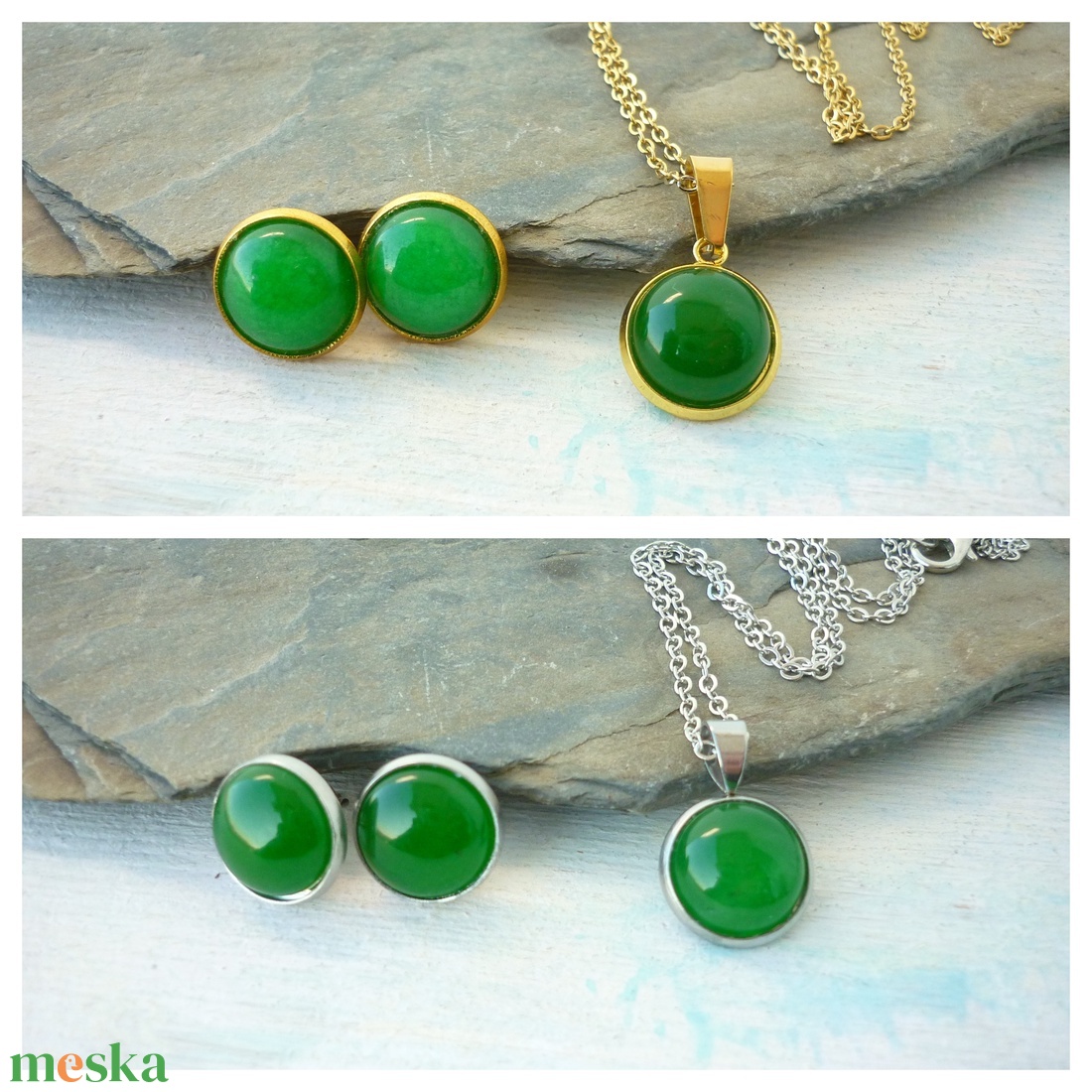 Zöld jade ásvány fülbevaló/medál szett nemesacél alapban - ékszer - ékszerszett - Meska.hu