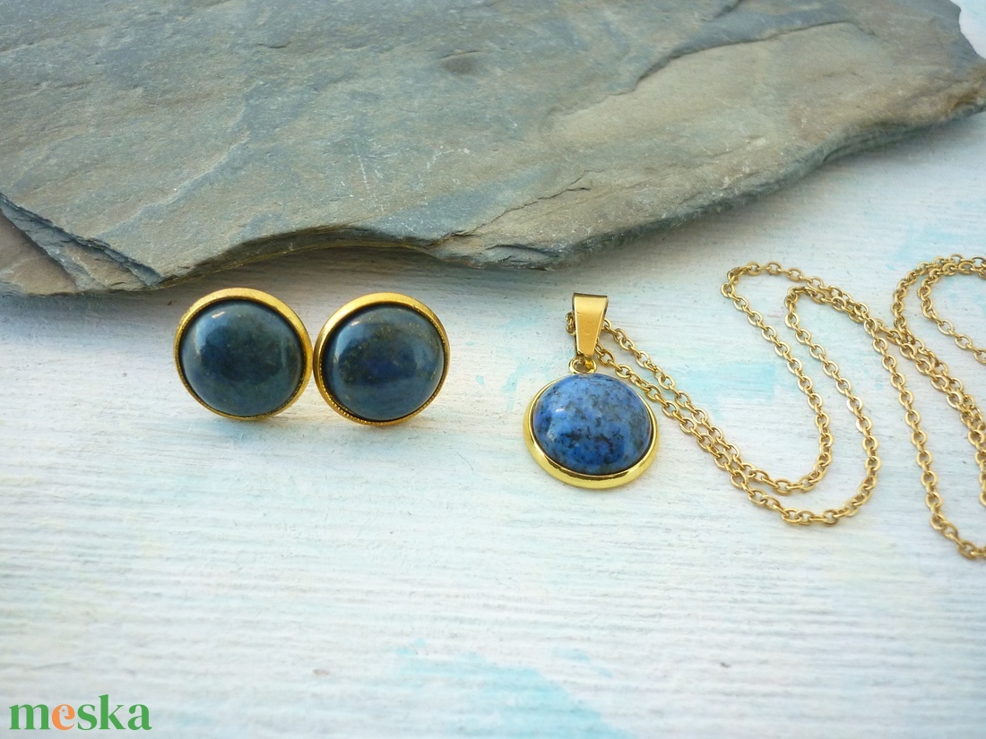 Lápisz lazuli ásvány fülbevaló/medál szett nemesacél alapban - ékszer - ékszerszett - Meska.hu