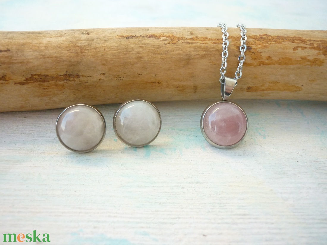 Rózsakvarc ásvány fülbevaló/medál szett nemesacél alapban - ékszer - ékszerszett - Meska.hu