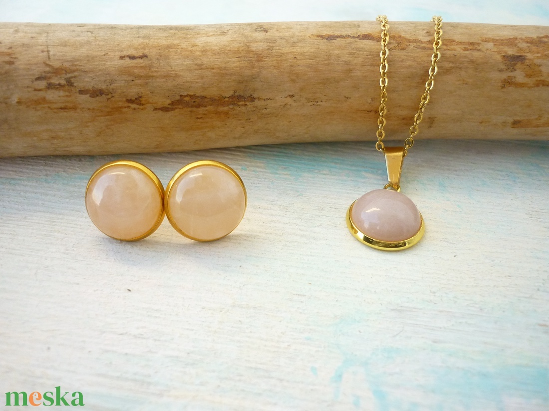 Rózsakvarc ásvány fülbevaló/medál szett nemesacél alapban - ékszer - ékszerszett - Meska.hu