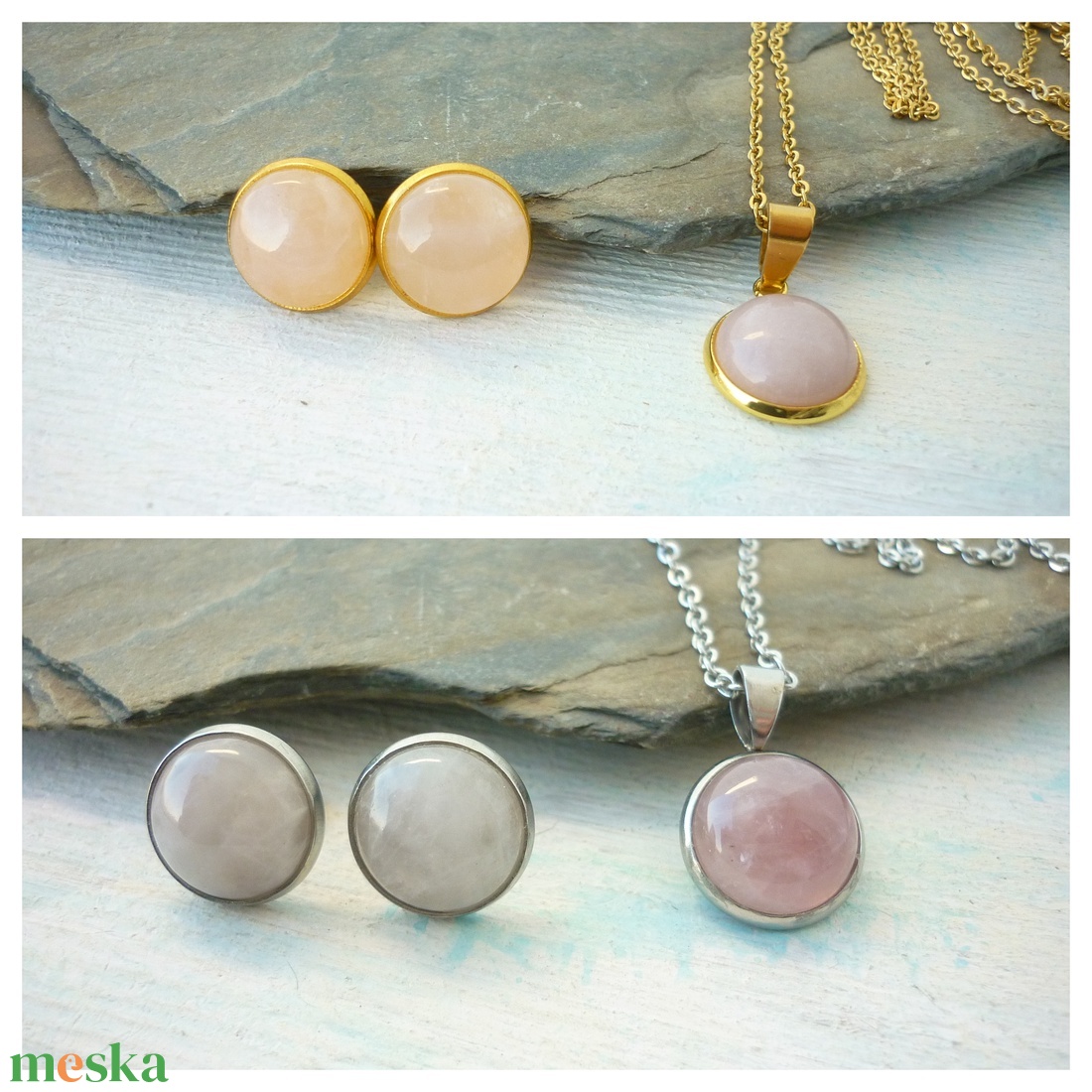 Rózsakvarc ásvány fülbevaló/medál szett nemesacél alapban - ékszer - ékszerszett - Meska.hu