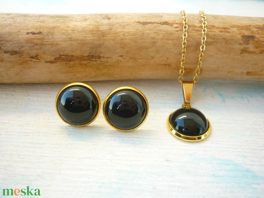 Ónix ásvány fülbevaló/medál szett nemesacél alapban - ékszer - ékszerszett - Meska.hu