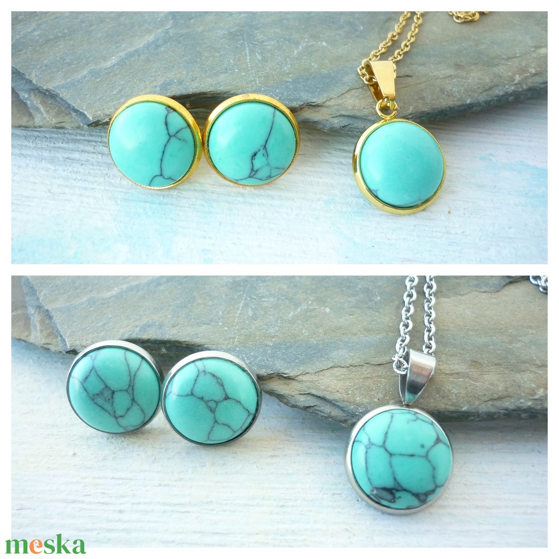 Türkinit ásvány fülbevaló/medál szett nemesacél alapban - ékszer - ékszerszett - Meska.hu