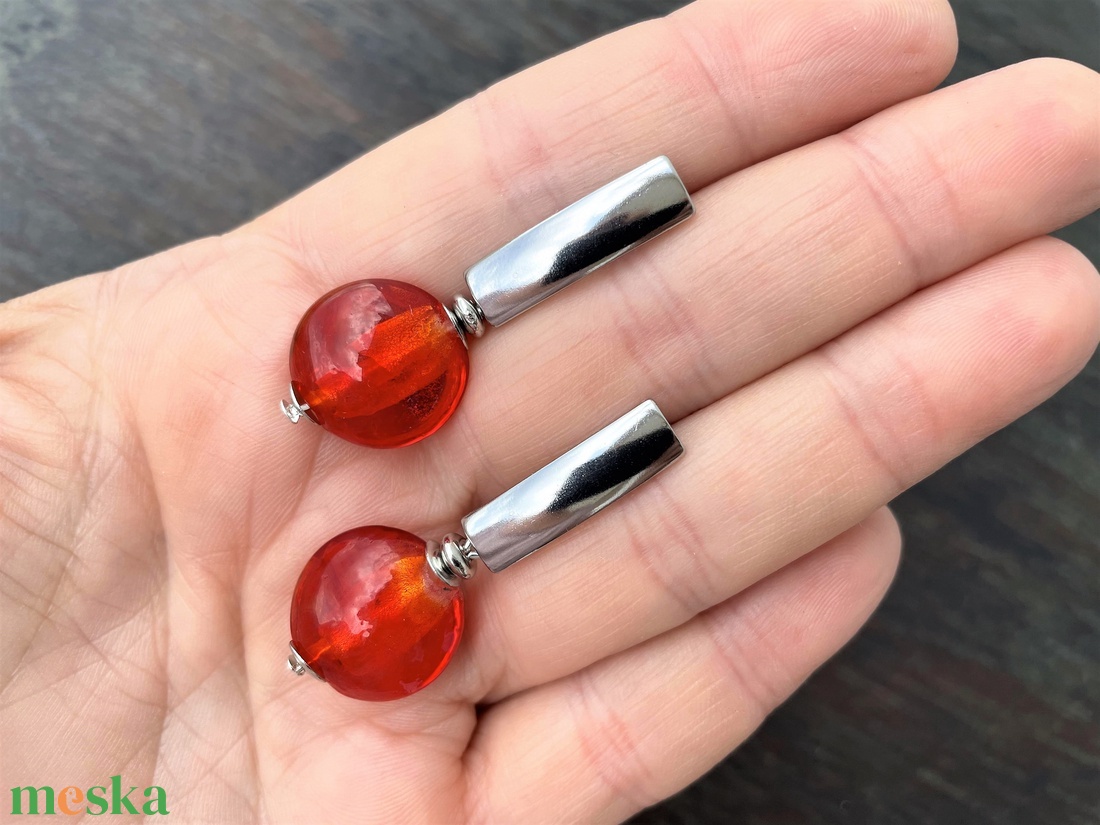 Tűzpiros muránói fülbevaló nemesacél akasztóval - ékszer - fülbevaló - lógó fülbevaló - Meska.hu