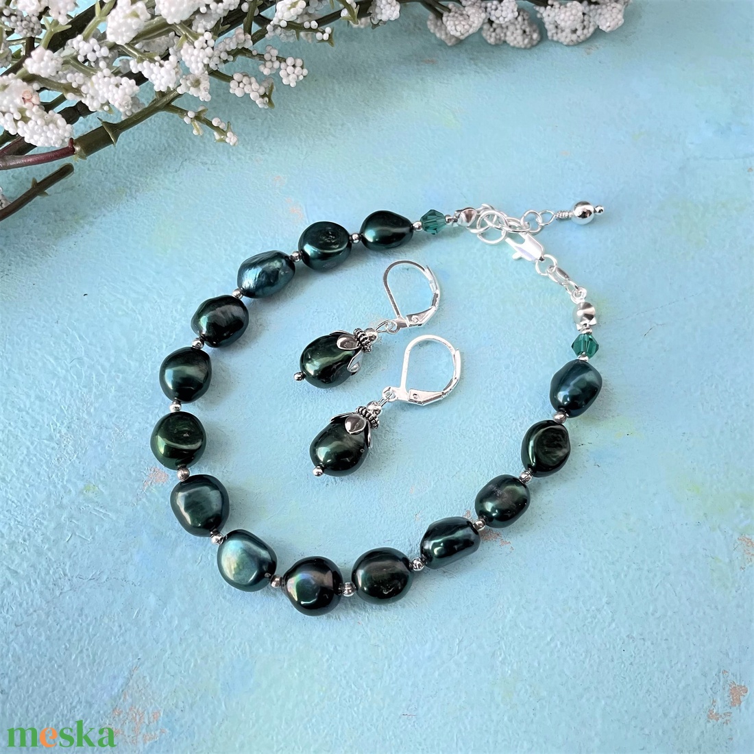 Sötétszürke édesvízi gyöngy karkötő/fülbevaló szett - ékszer - ékszerszett - Meska.hu