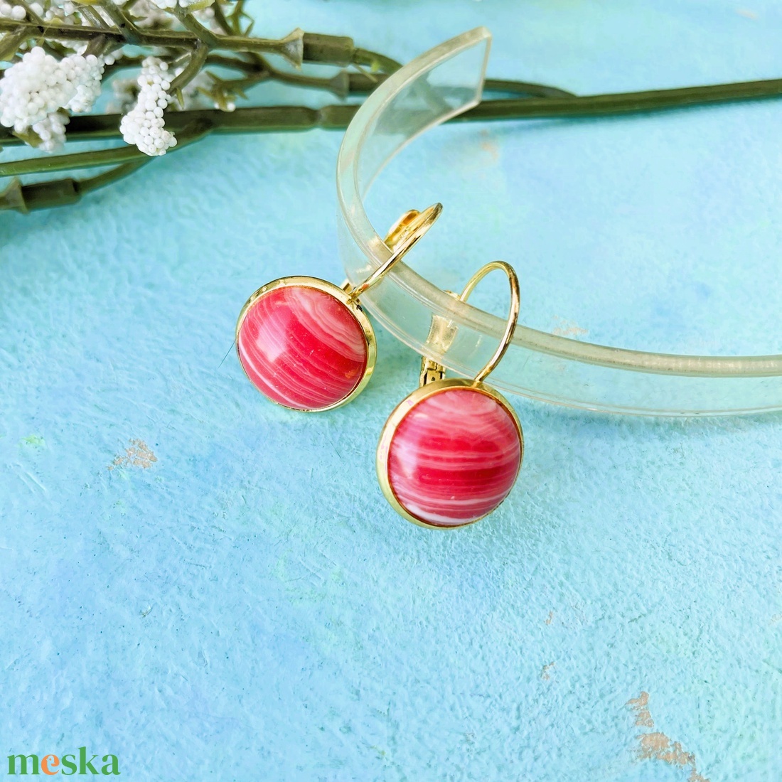 Argentin rodokrozit  12mm-es nemesacél francia kapcsos alapon - ékszer - fülbevaló - lógó fülbevaló - Meska.hu