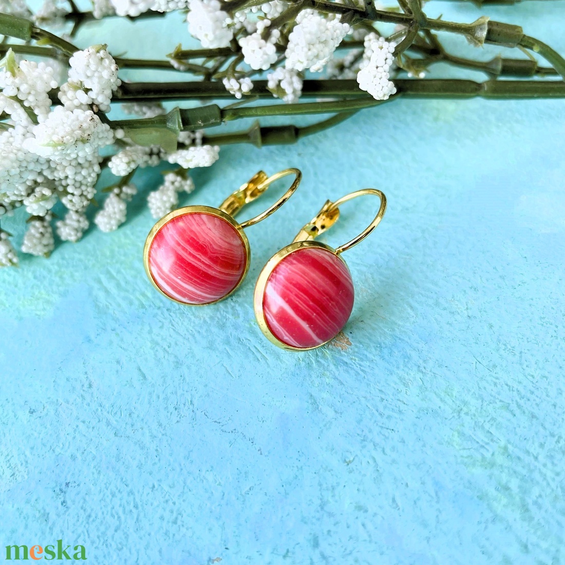 Argentin rodokrozit  12mm-es nemesacél francia kapcsos alapon - ékszer - fülbevaló - lógó fülbevaló - Meska.hu