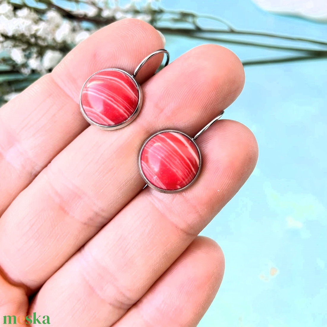 Argentin rodokrozit  12mm-es nemesacél francia kapcsos alapon - ékszer - fülbevaló - lógó fülbevaló - Meska.hu