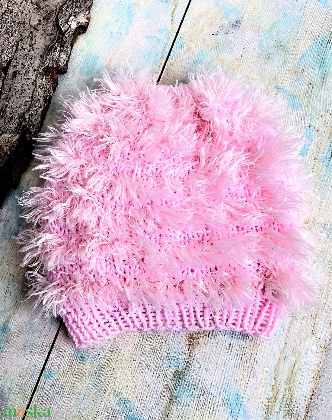 Rózsaszín szöszmösz - kézzel kötött kislány sapka - ruha & divat - sál, sapka, kendő - sapka - Meska.hu