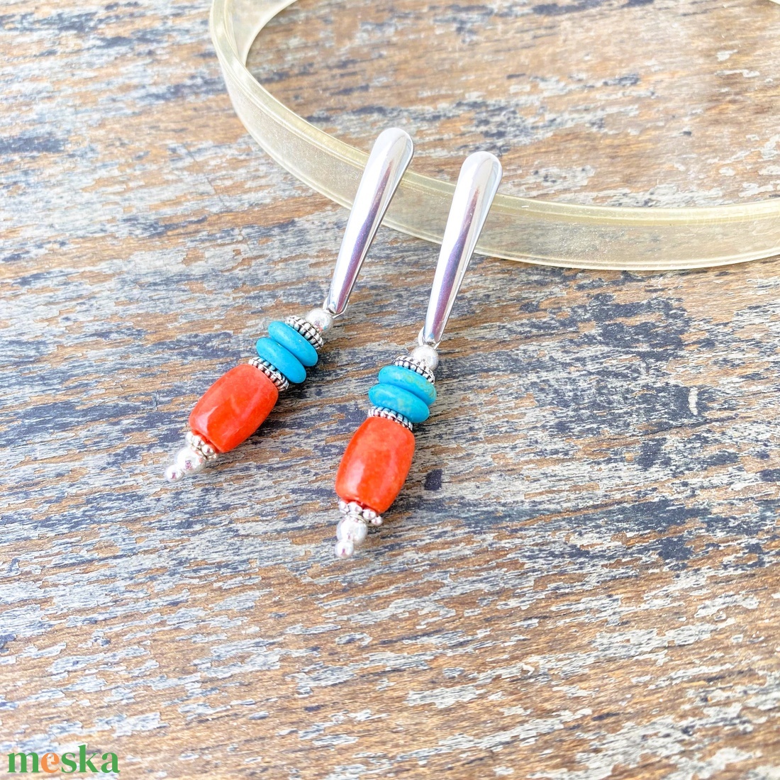 Pendulum -  korall/türkiz  fülbevaló nemesacél kapoccsal - ékszer - fülbevaló - lógó fülbevaló - Meska.hu