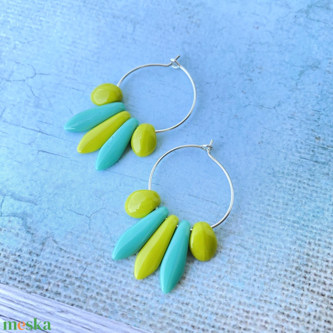 Kék - zöld  fülbevaló  - ékszer - fülbevaló - lógós kerek fülbevaló - Meska.hu