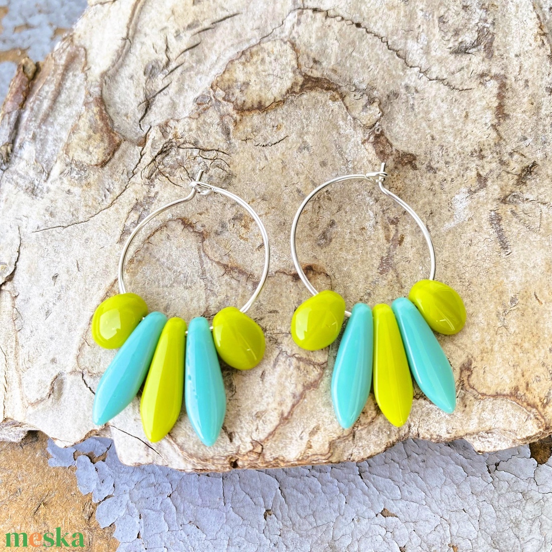 Kék - zöld  fülbevaló  - ékszer - fülbevaló - lógós kerek fülbevaló - Meska.hu