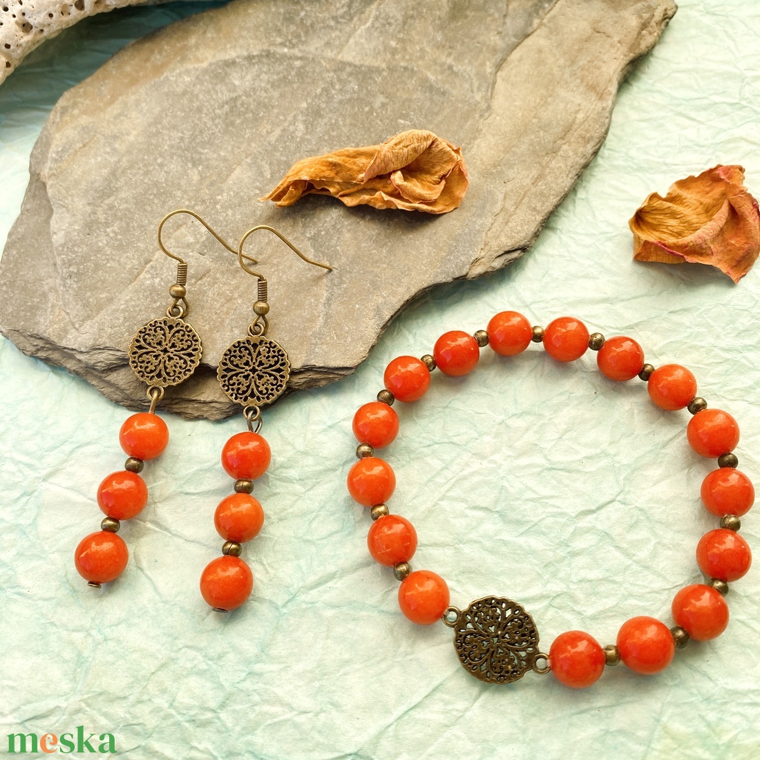 Tűztövis -  kalcit karkötő/fülbevaló  szett - ékszer - ékszerszett - Meska.hu