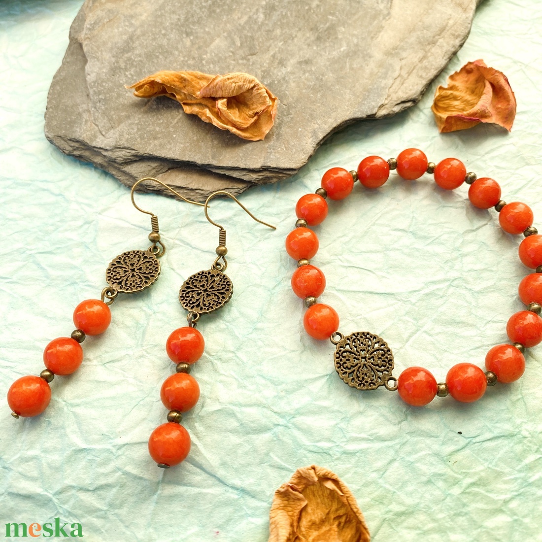 Tűztövis -  kalcit karkötő/fülbevaló  szett - ékszer - ékszerszett - Meska.hu