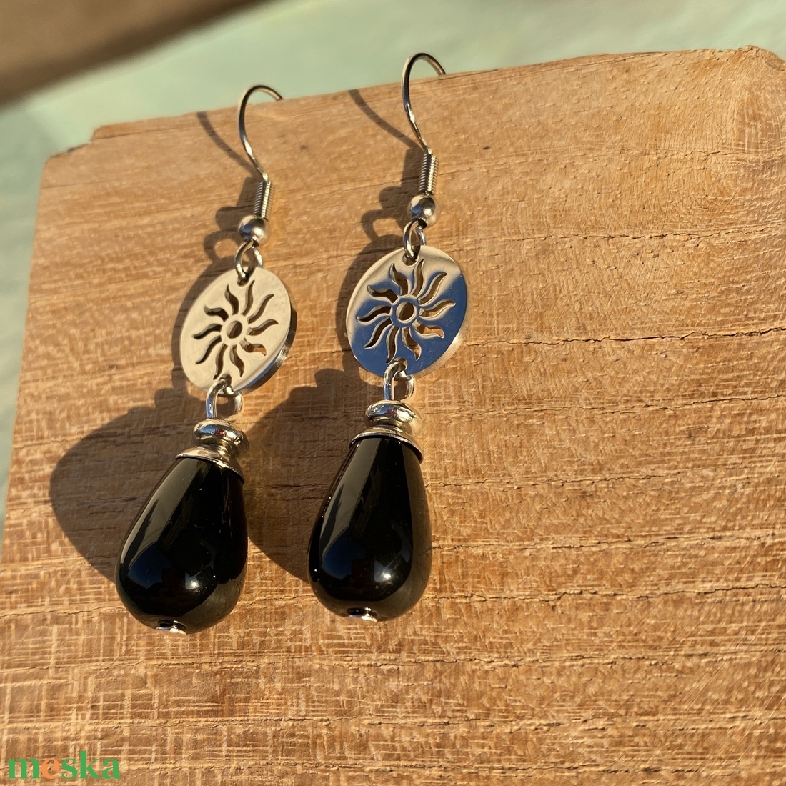 Black Sun - ónix fülbevaló  - ékszer - fülbevaló - lógó fülbevaló - Meska.hu