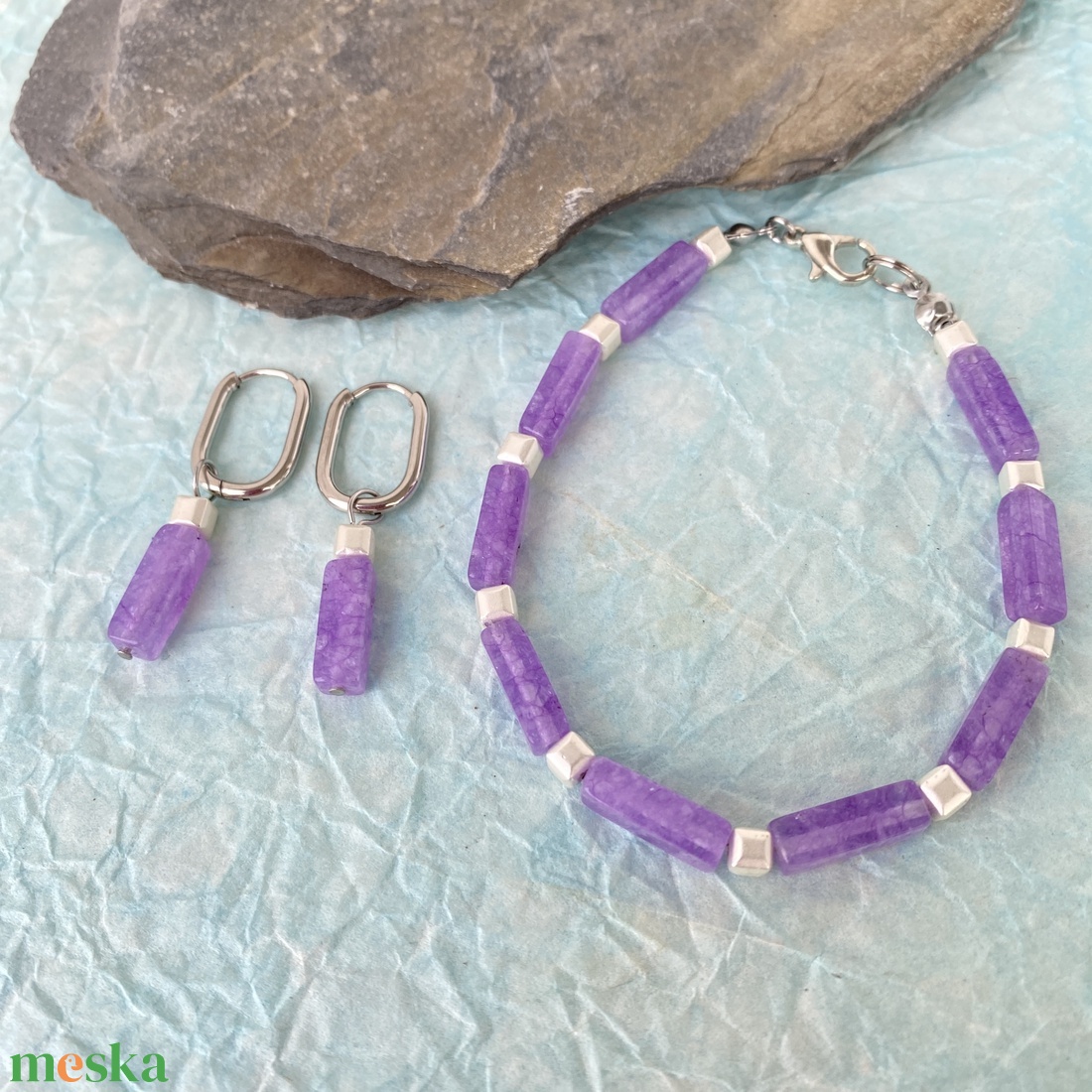 Levendula - ametiszt  ásvány  karkötő/fülbevaló  szett - ékszer - ékszerszett - Meska.hu