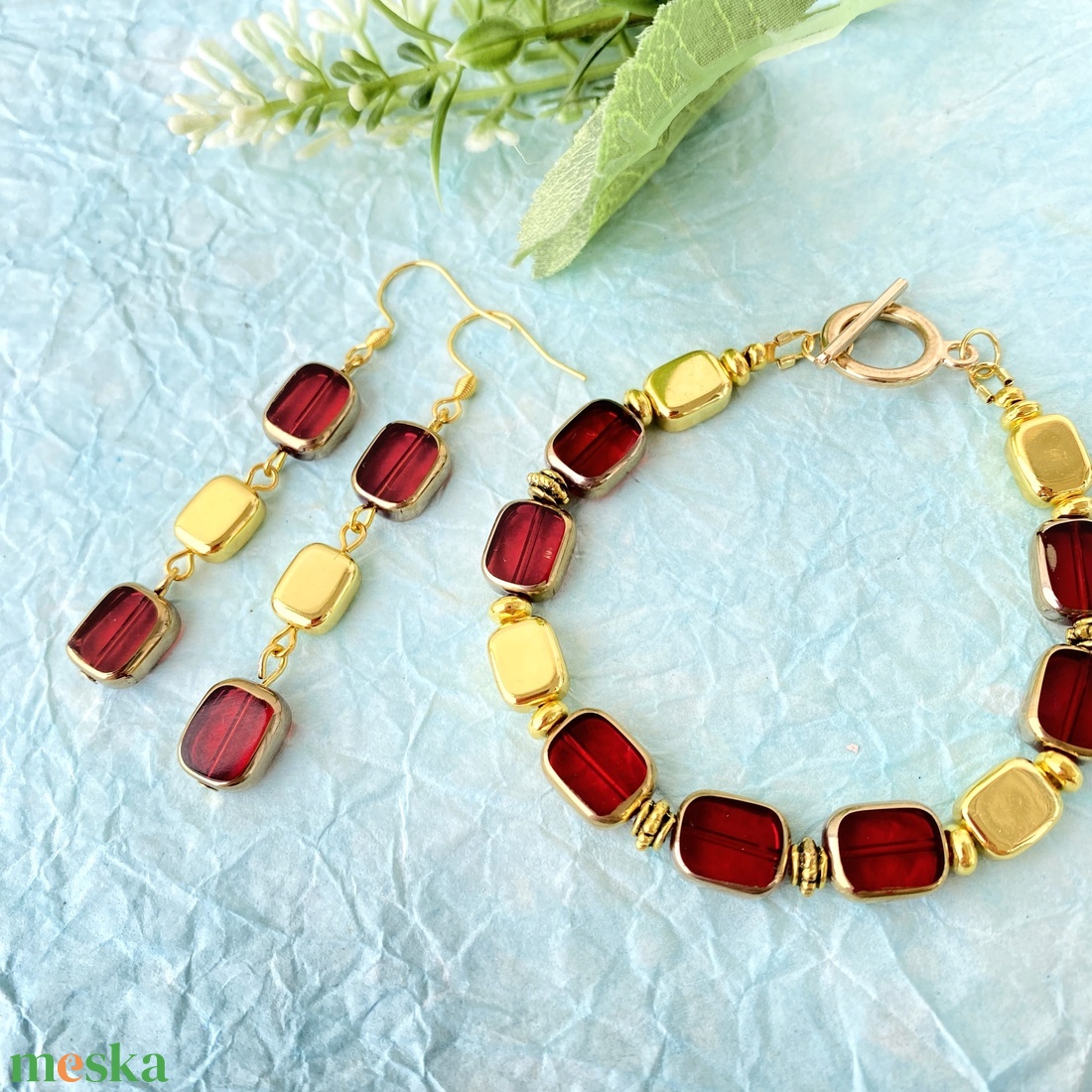 Tűzpiros karkötő - vagy szett  - ékszer - ékszerszett - Meska.hu
