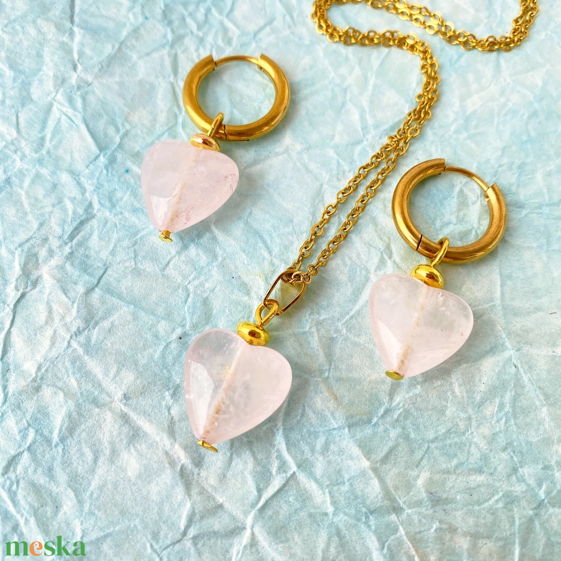 Rózsakvarc szívek  - ásvány nyaklánc/fülbevaló  szett  - ékszer - ékszerszett - Meska.hu