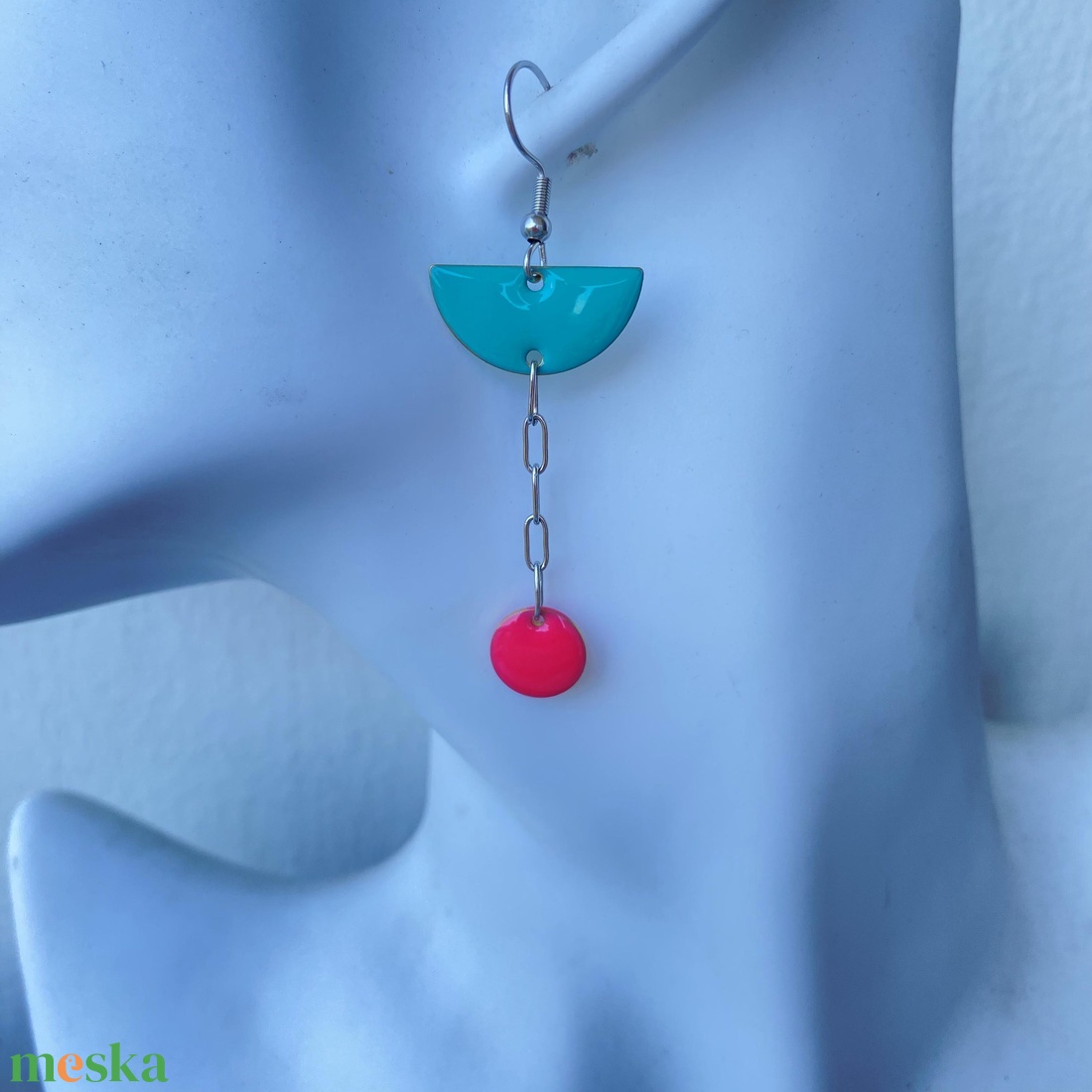  Geometrikus   pink és türkiz fülbevaló ezüst  színű szerelékkel - ékszer - fülbevaló - lógó fülbevaló - Meska.hu