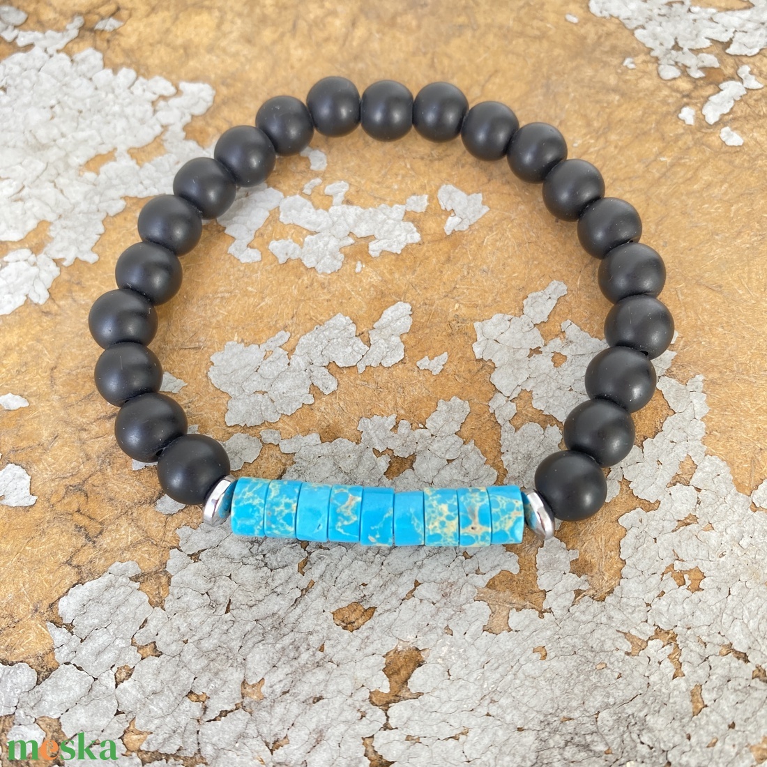 Égkék császárkő és matt ónix -  ásvány  férfi karkötő - ékszer - karkötő - gyöngyös karkötő - Meska.hu