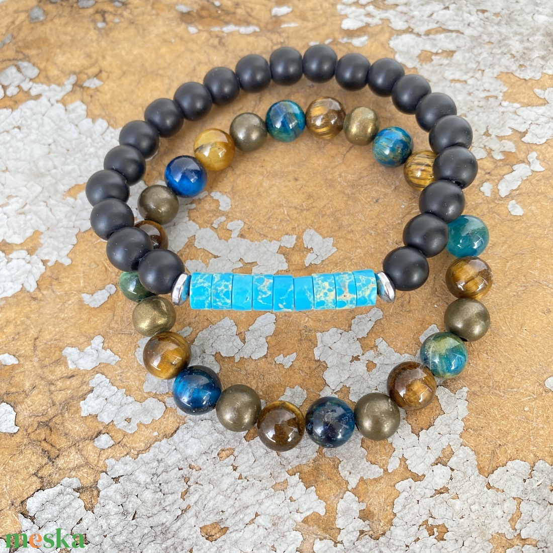 Égkék császárkő és matt ónix -  ásvány  férfi karkötő - ékszer - karkötő - gyöngyös karkötő - Meska.hu