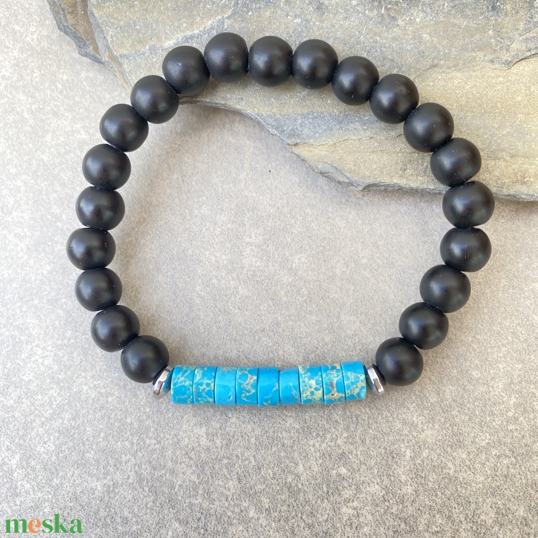 Égkék császárkő és matt ónix -  ásvány  férfi karkötő - ékszer - karkötő - gyöngyös karkötő - Meska.hu
