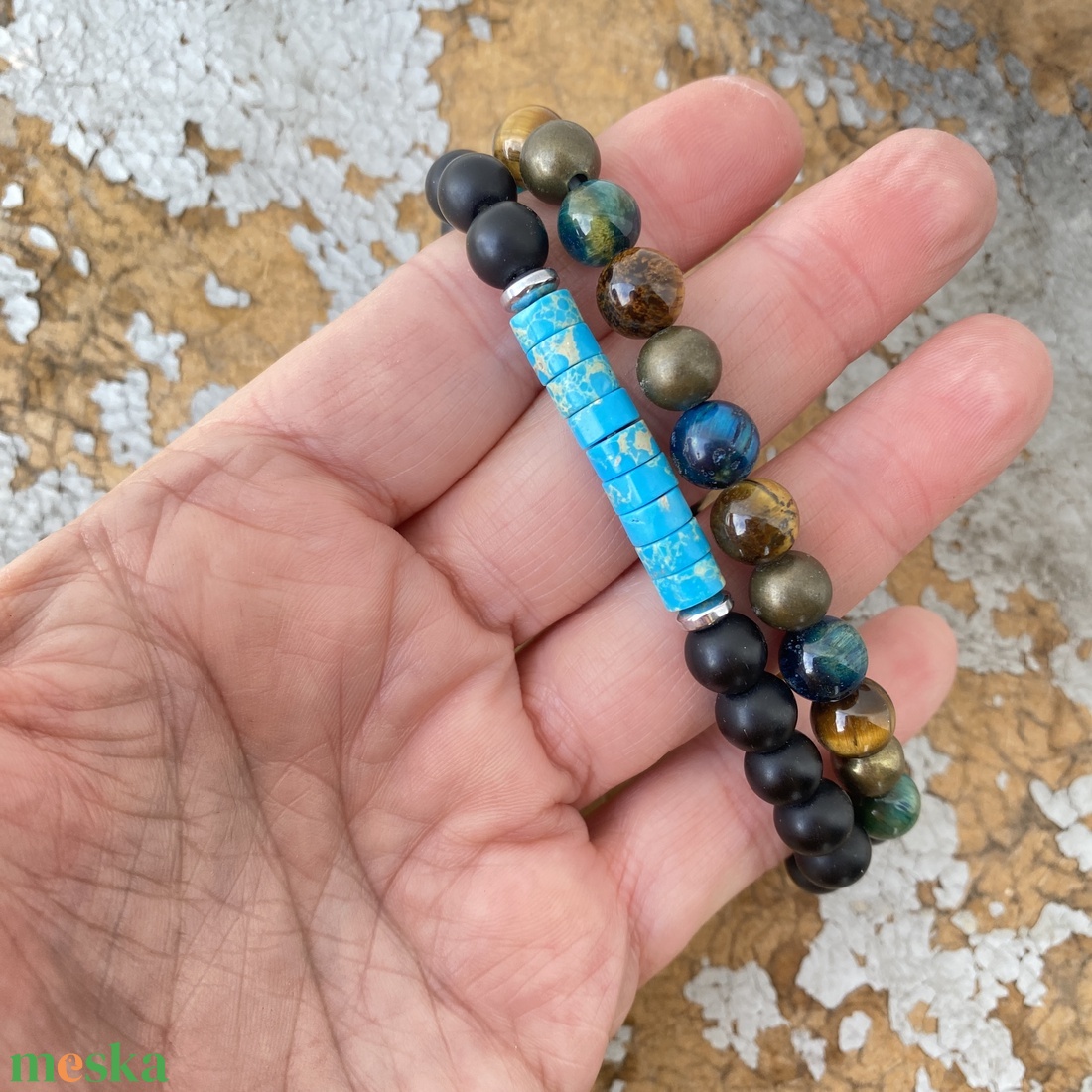 Égkék császárkő és matt ónix -  ásvány  férfi karkötő - ékszer - karkötő - gyöngyös karkötő - Meska.hu