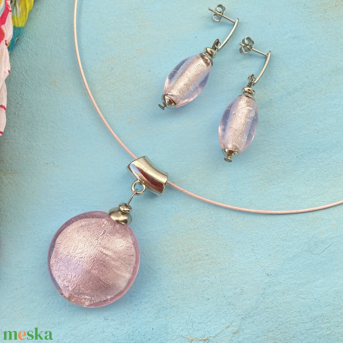Rózsaszín  muránói fülbevaló/medál szett  - ékszer - ékszerszett - Meska.hu