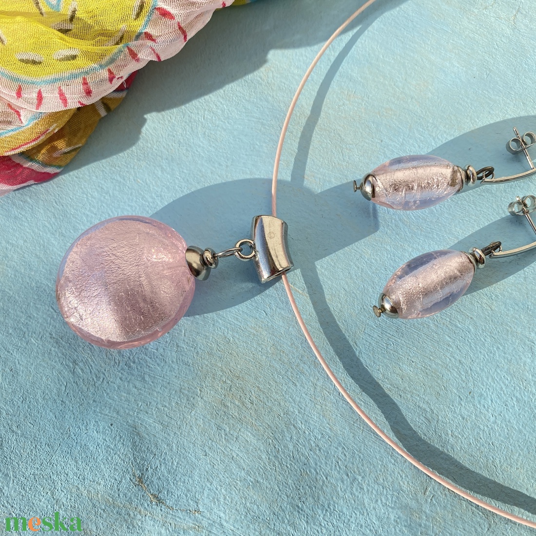 Rózsaszín  muránói fülbevaló/medál szett  - ékszer - ékszerszett - Meska.hu