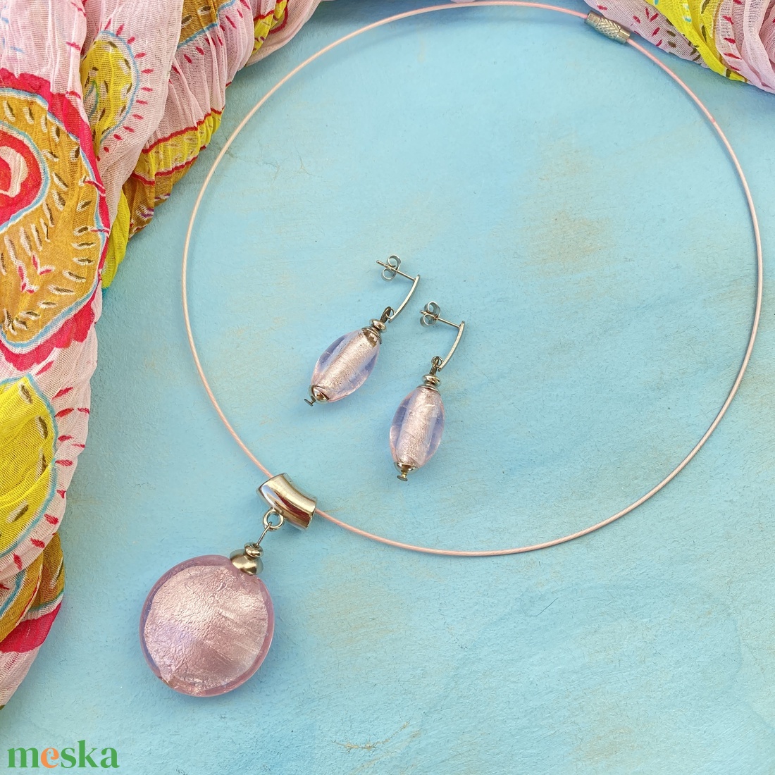 Rózsaszín  muránói fülbevaló/medál szett  - ékszer - ékszerszett - Meska.hu