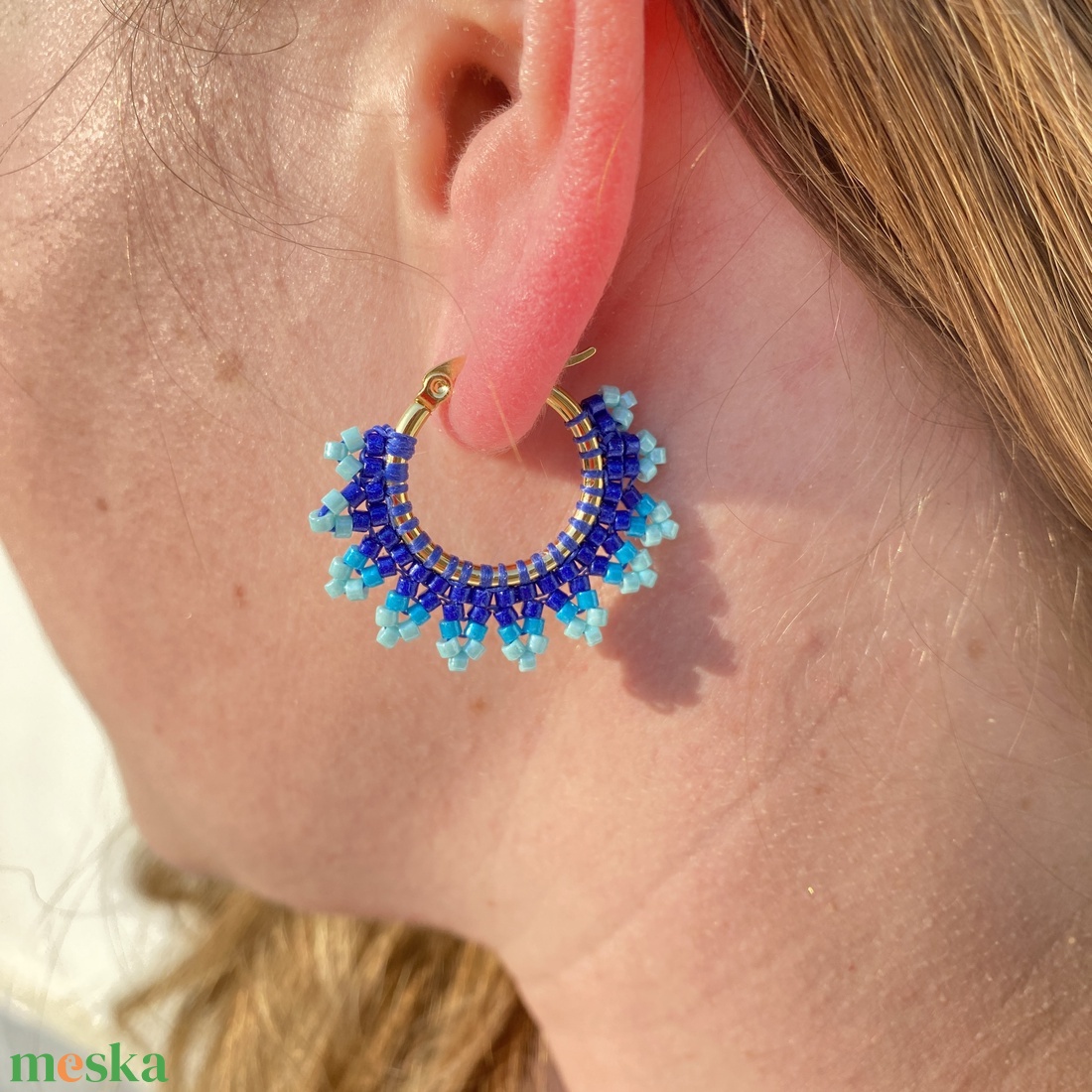 Kék miyuki csipke - karika fülbevaló - ékszer - fülbevaló - karika fülbevaló - Meska.hu