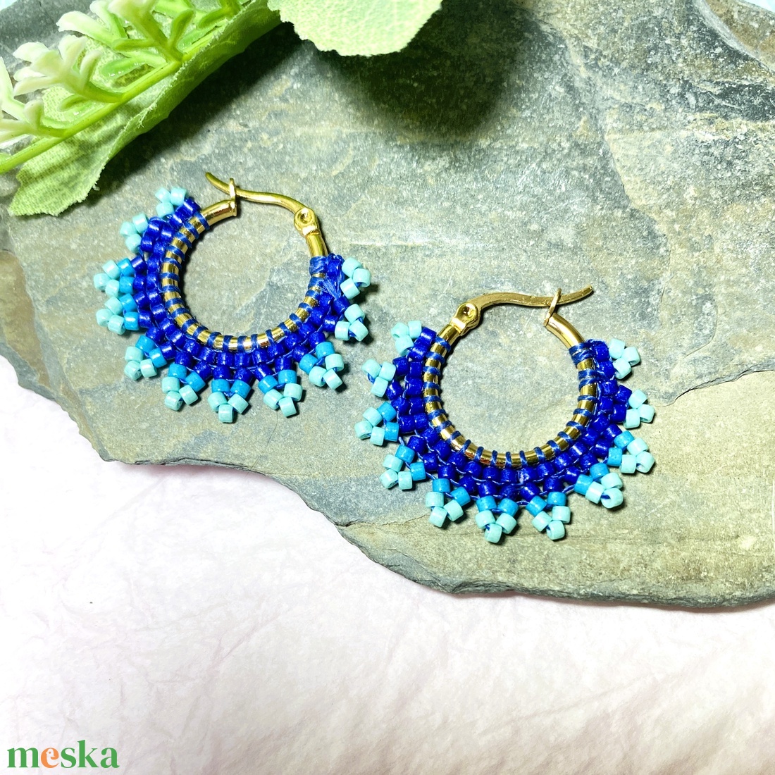 Kék miyuki csipke - karika fülbevaló - ékszer - fülbevaló - karika fülbevaló - Meska.hu