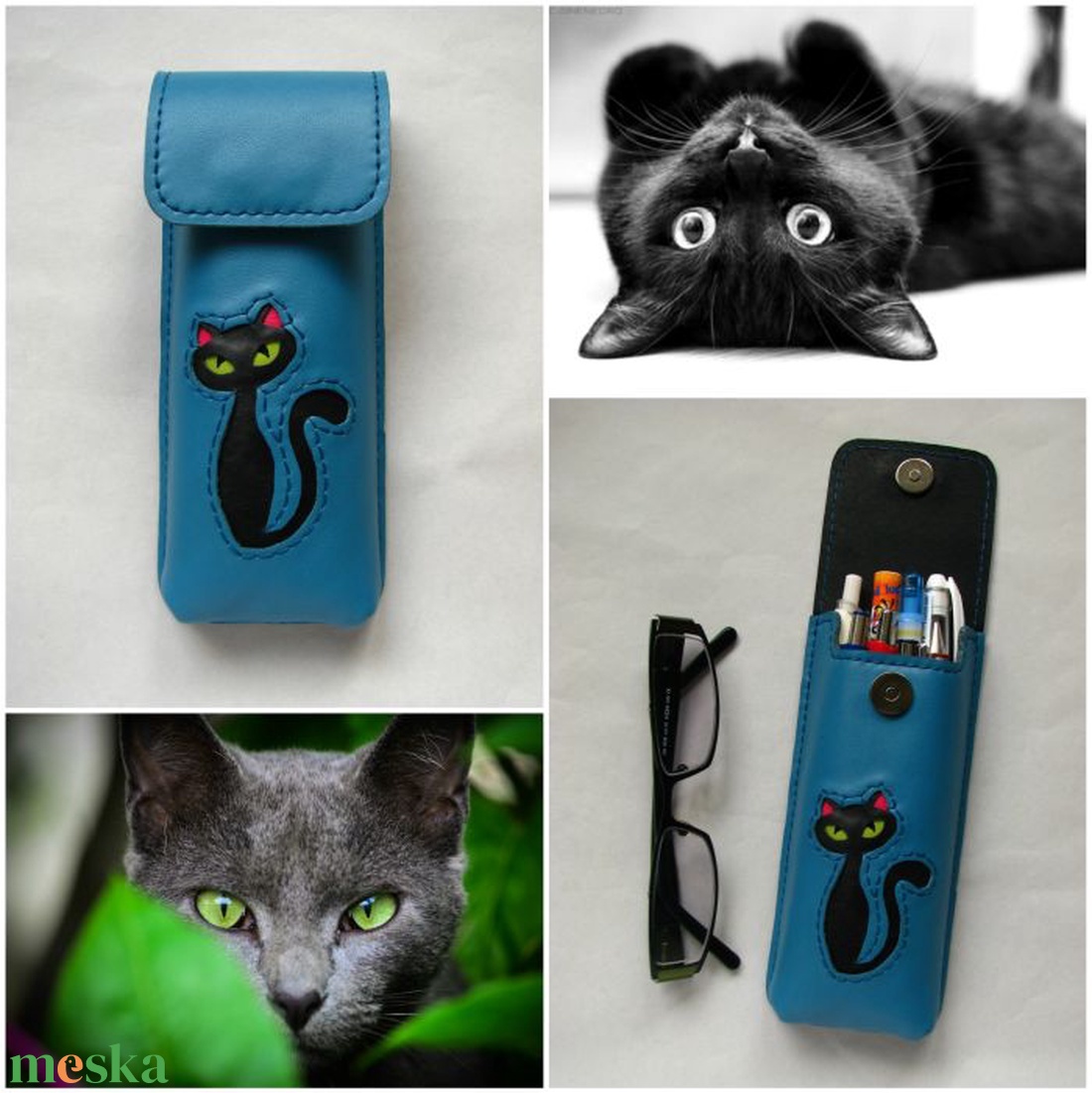 Azúrkék fekete cica mintás bőr tolltartó, szemüvegtok - táska & tok - pénztárca & más tok - szemüvegtok - Meska.hu