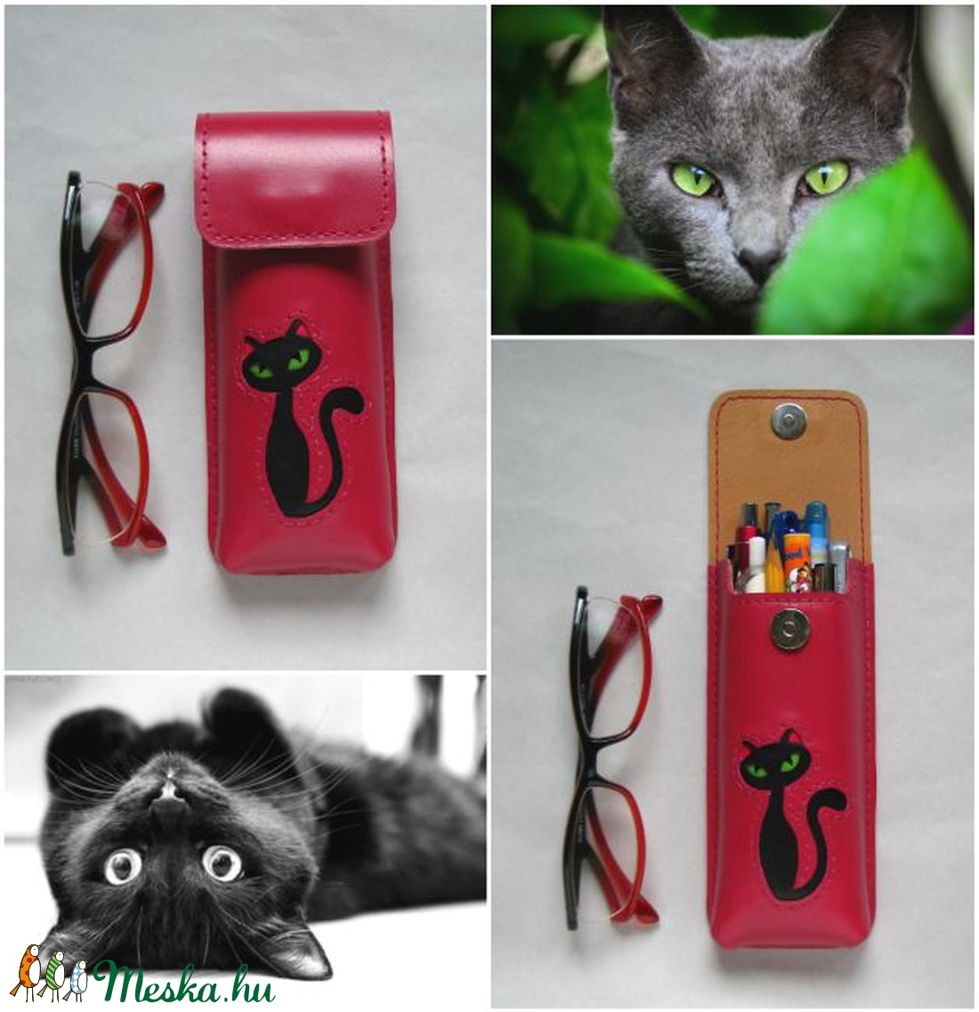 Mályva fekete cica mintás bőr tolltartó, szemüvegtok -  - Meska.hu