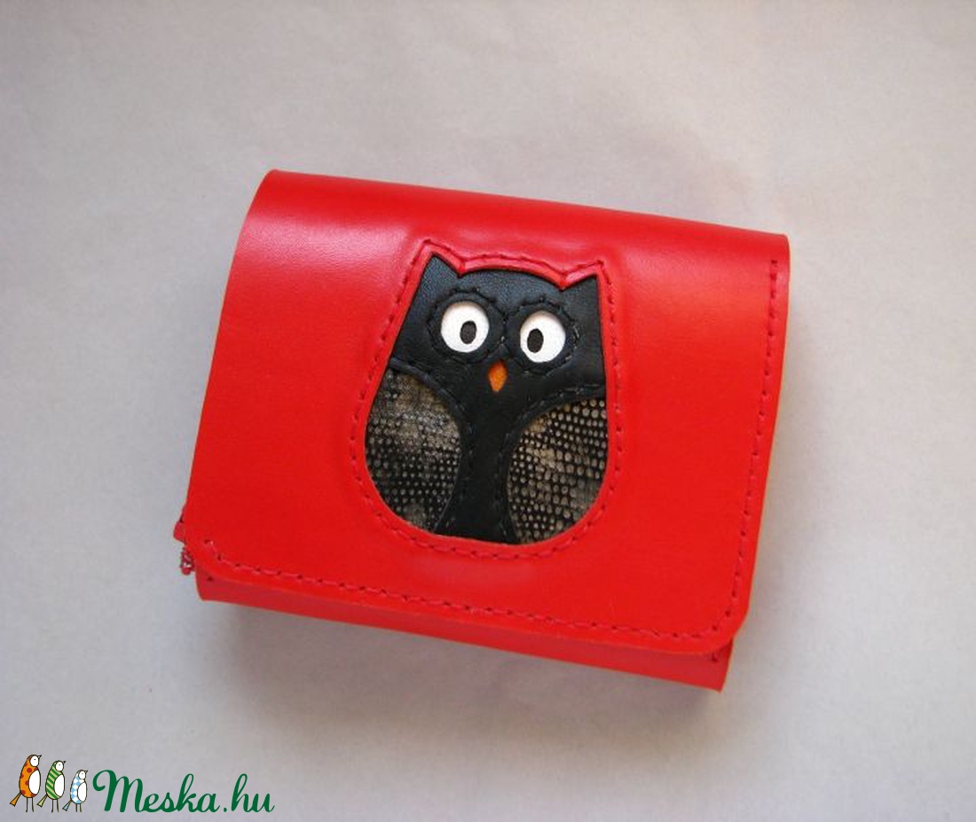 Piros fekete bagoly mintás bőr pénztárca -  - Meska.hu